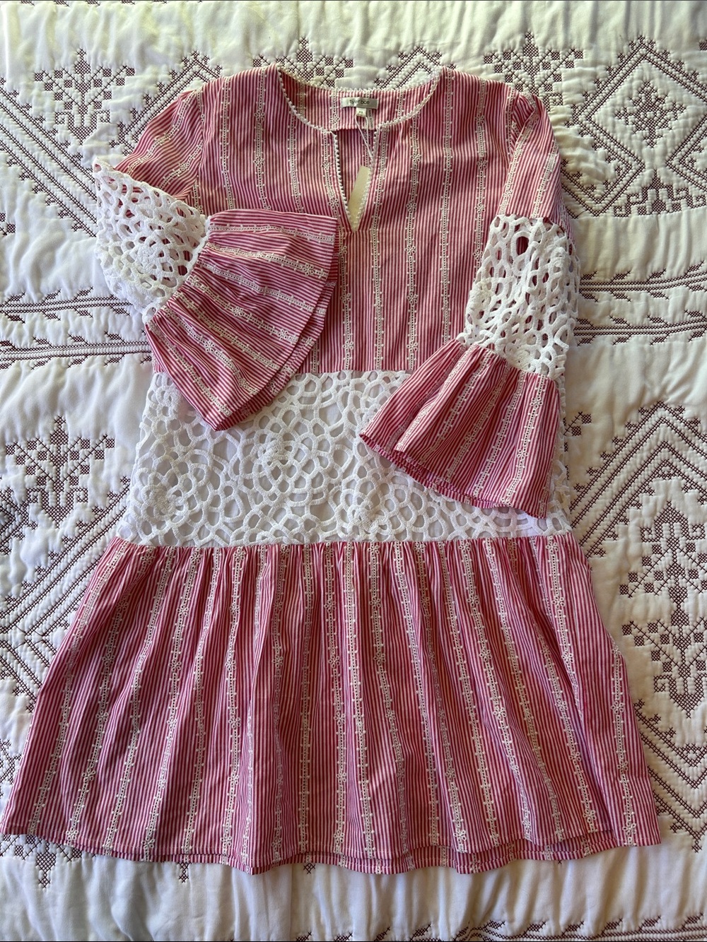 Tyler Boe Ingrid Rose-Striped Mini Dress with White Crochet Panels